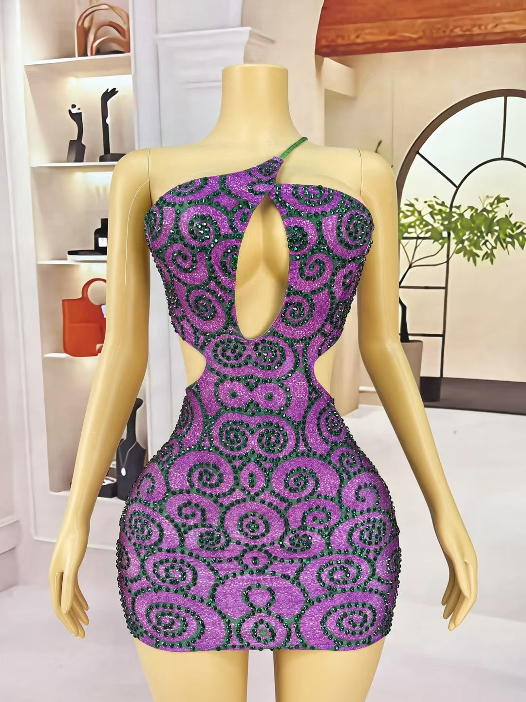 CELESINYI Ziguoshi Crystal Emerald Swirl Mermaid Gown