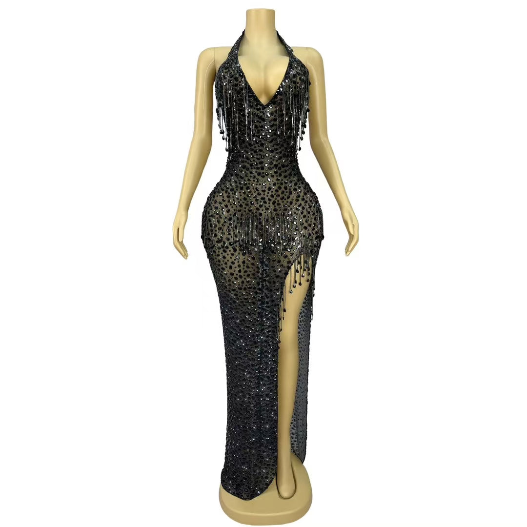CELESINYI Wulongweibo Crystal Fringe Halter Gown