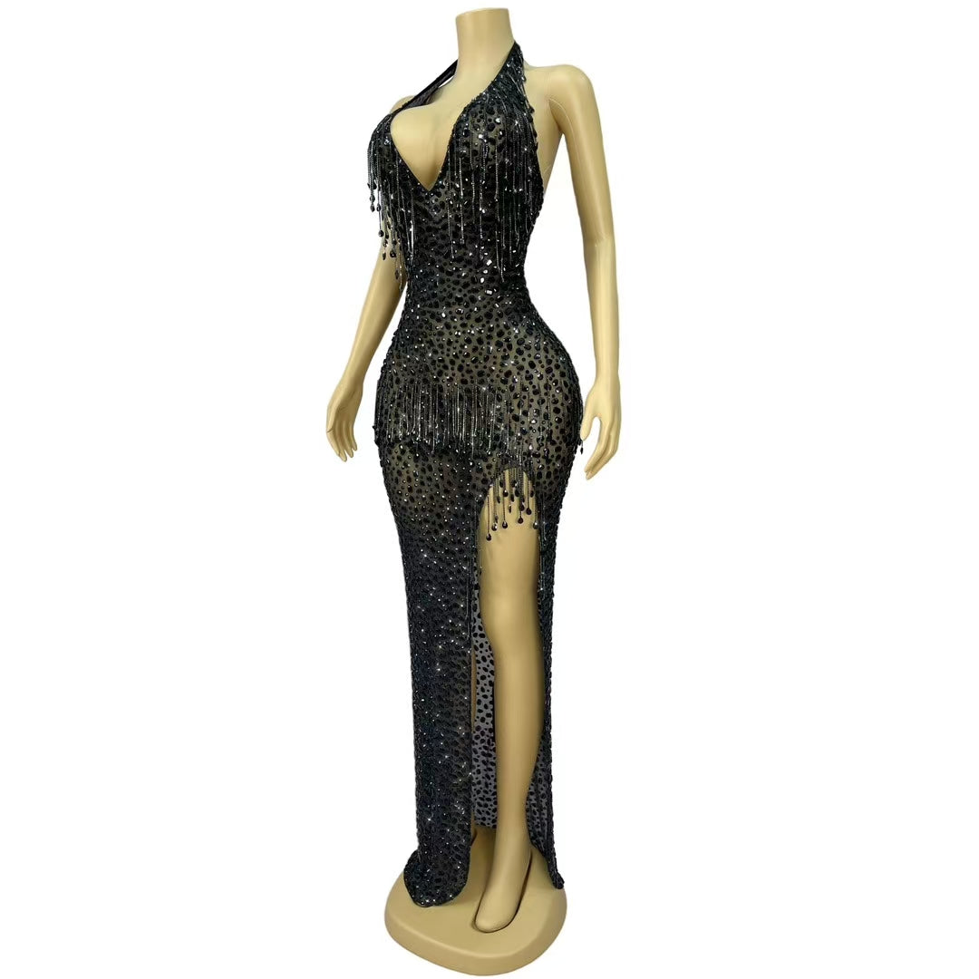 CELESINYI Wulongweibo Crystal Fringe Halter Gown