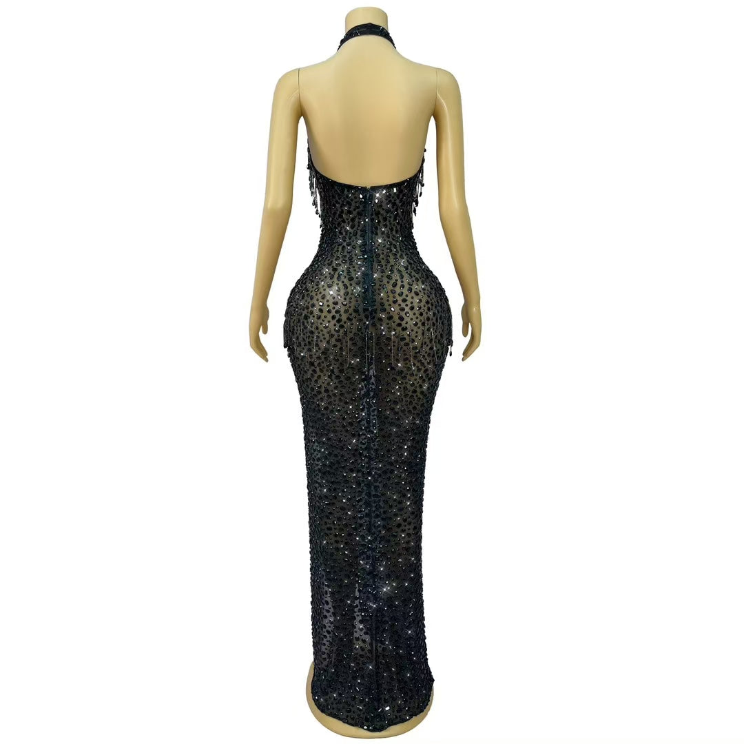 CELESINYI Wulongweibo Crystal Fringe Halter Gown