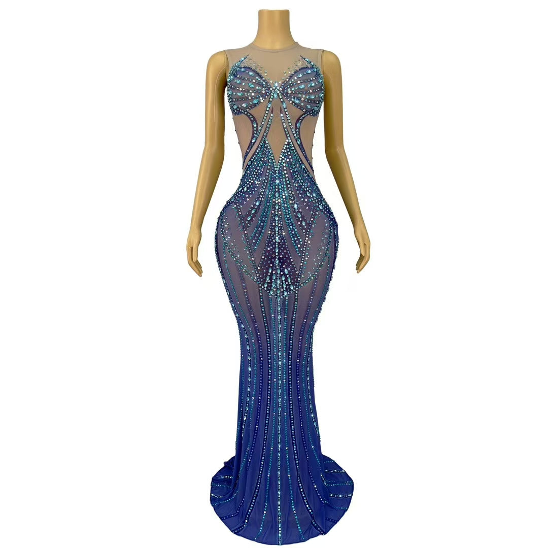 CELESINYI Lanjingling Crystal Blue Gradient Mermaid Gown
