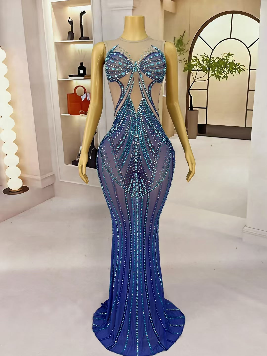 CELESINYI Lanjingling Crystal Blue Gradient Mermaid Gown