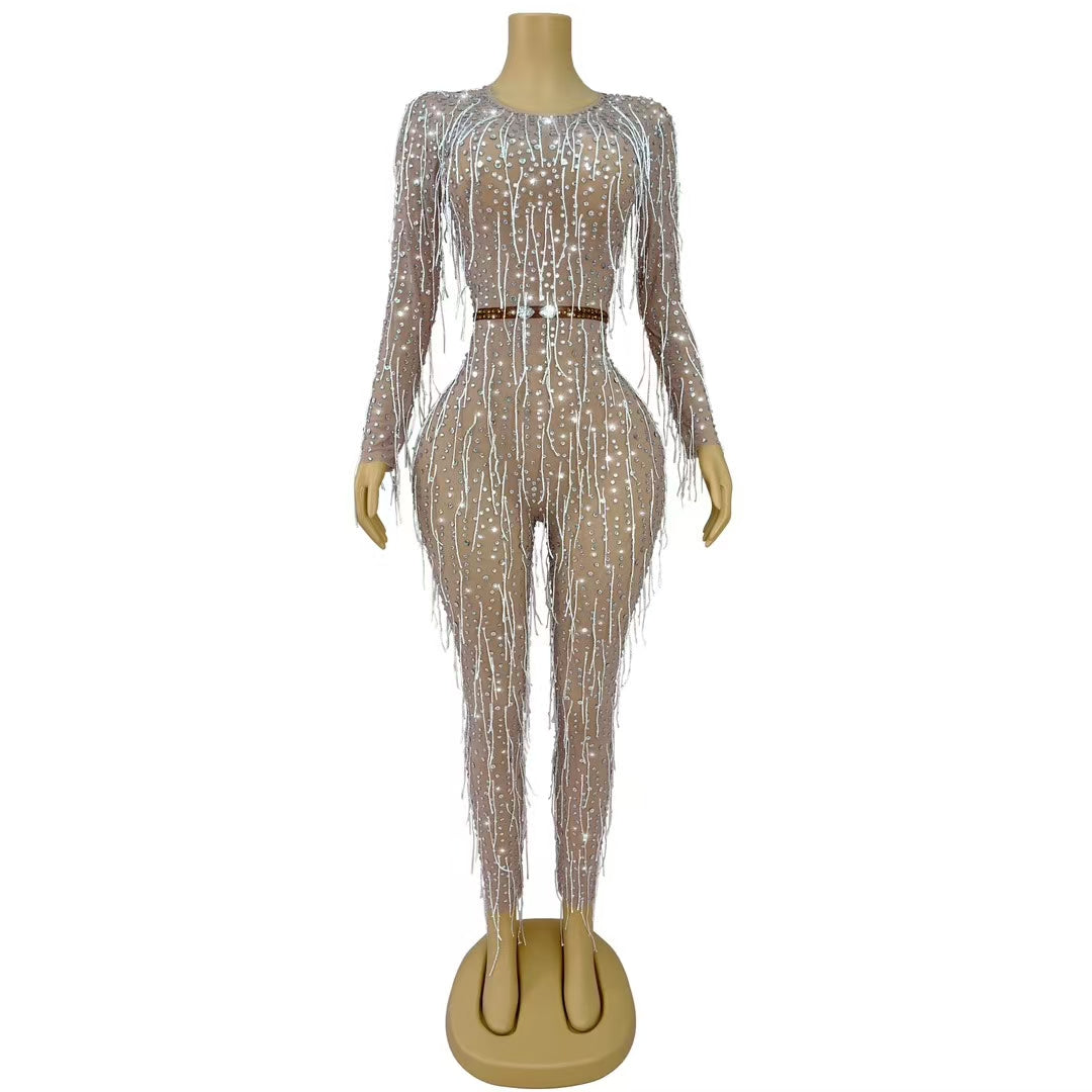 CELESINYI Liangpian Crystal Silver Sequin Gown