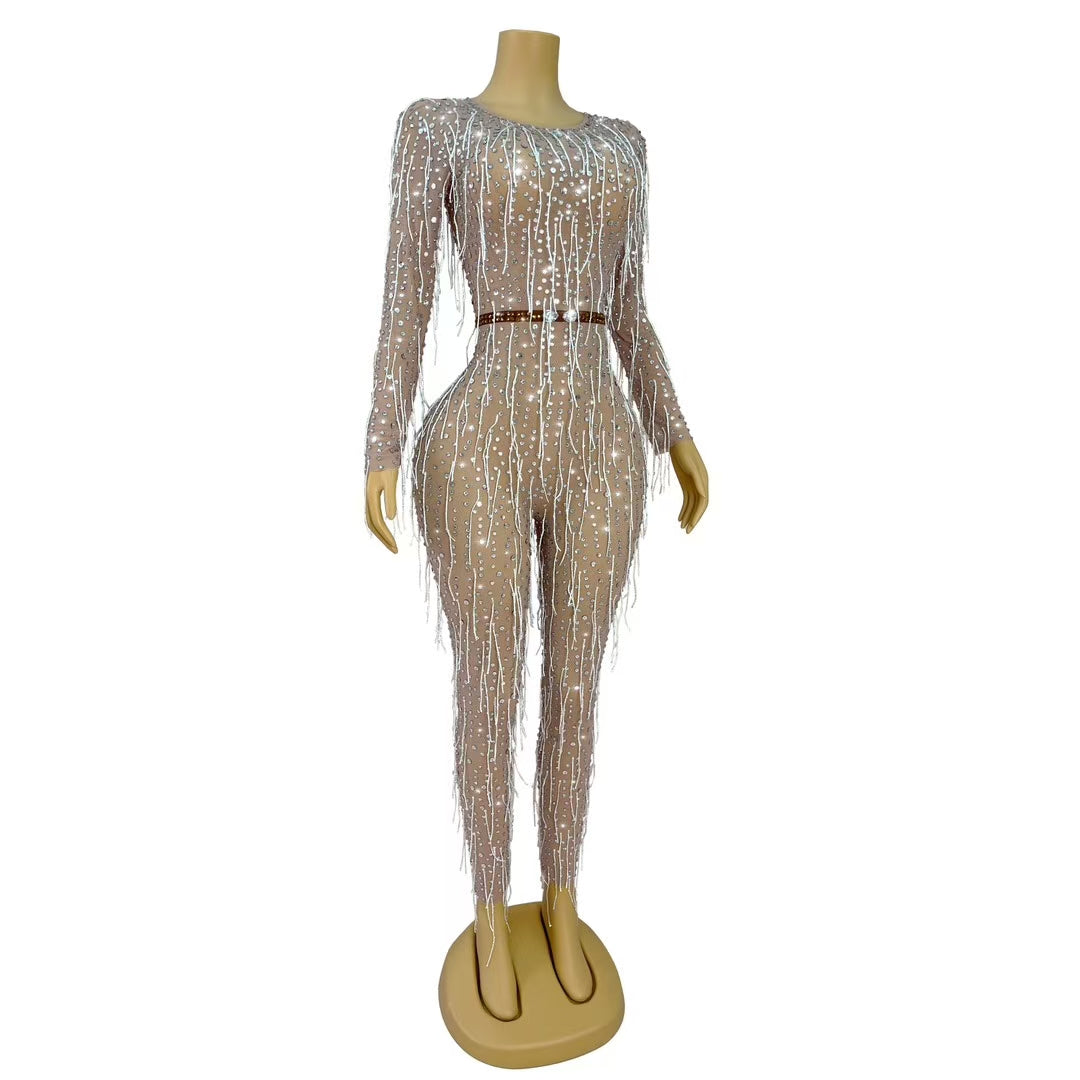 CELESINYI Liangpian Crystal Silver Sequin Gown