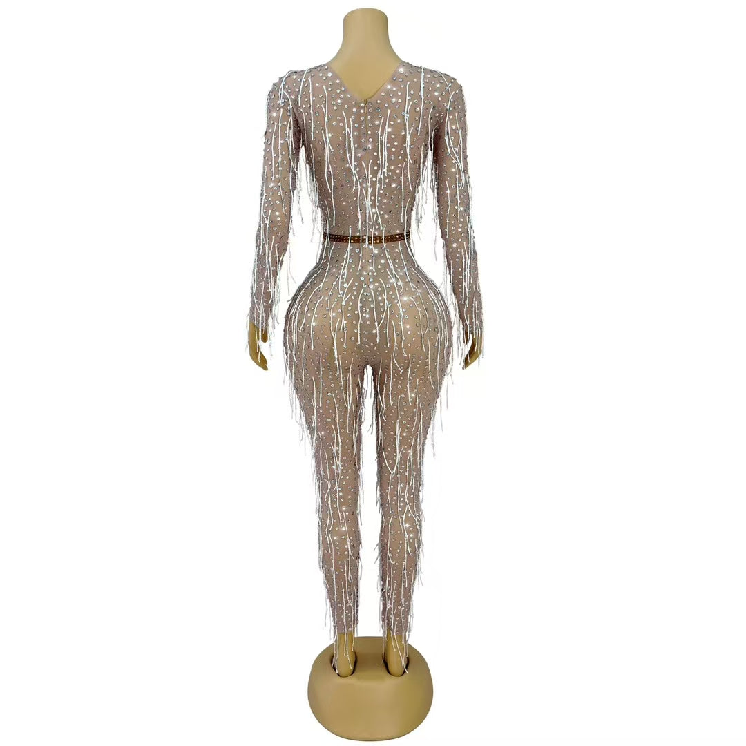 CELESINYI Liangpian Crystal Silver Sequin Gown
