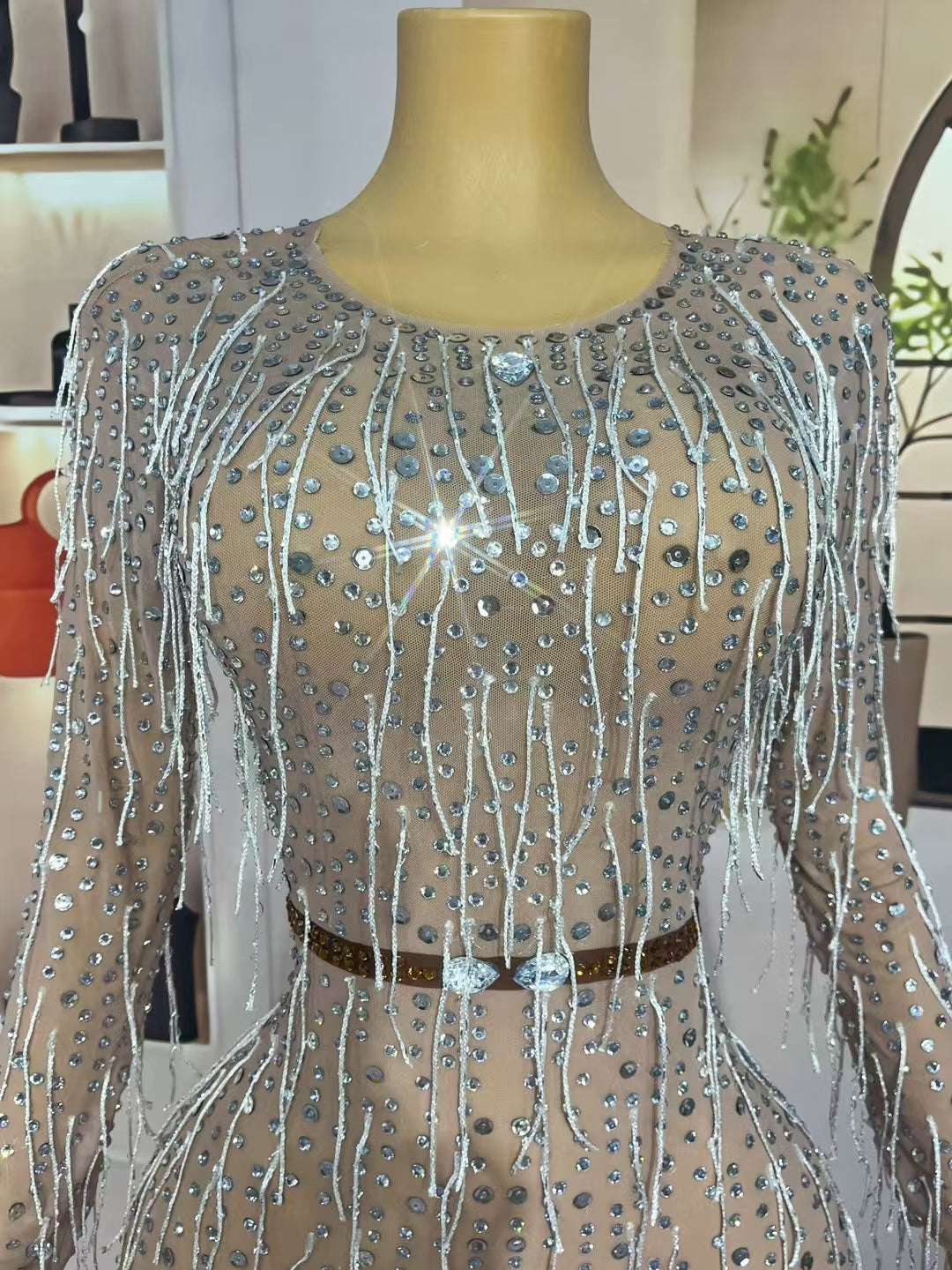 CELESINYI Liangpian Crystal Silver Sequin Gown