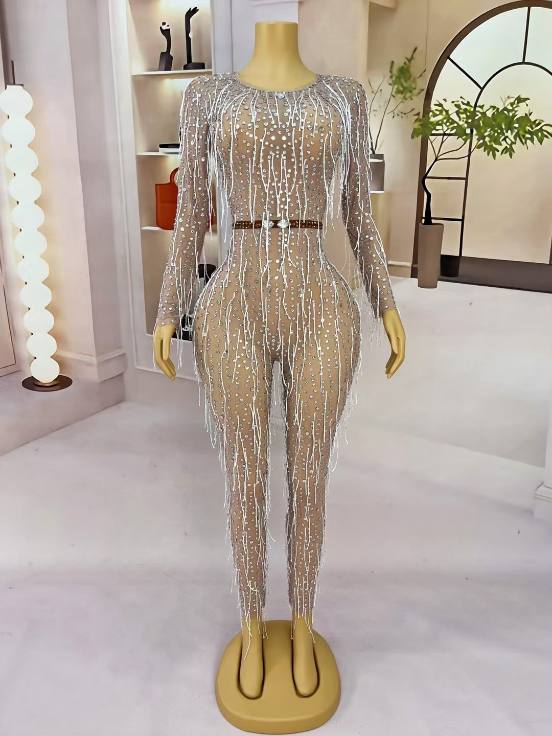 CELESINYI Liangpian Crystal Silver Sequin Gown