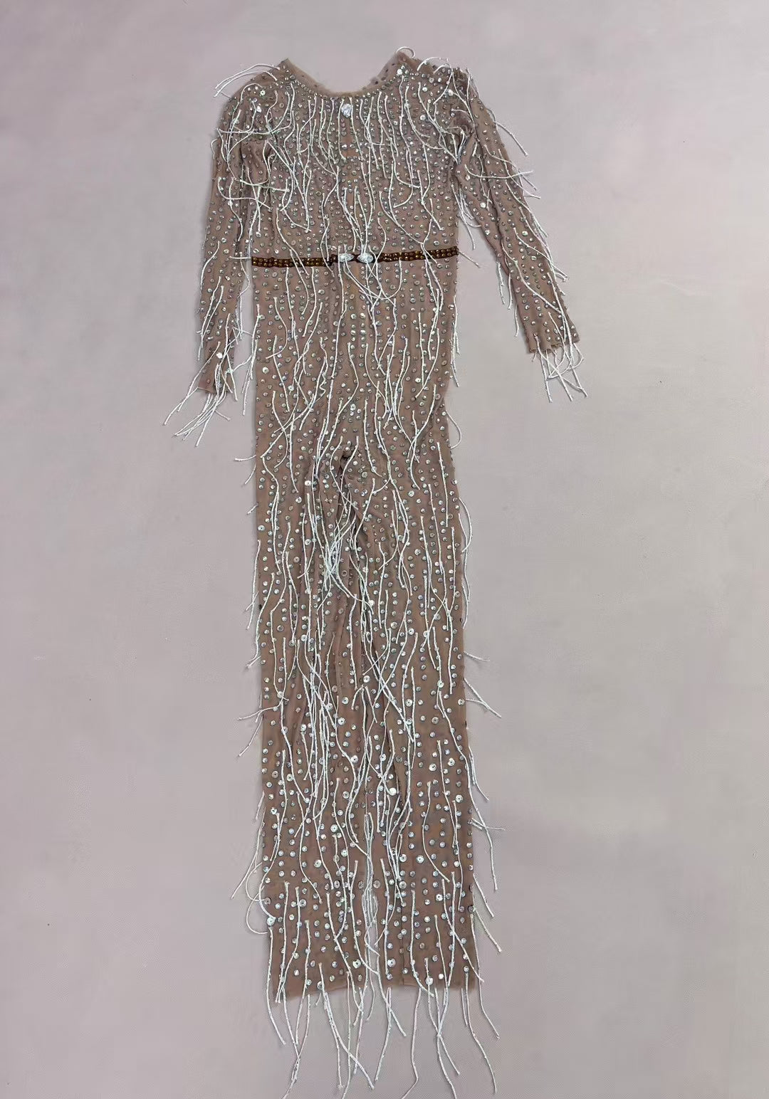 CELESINYI Liangpian Crystal Silver Sequin Gown