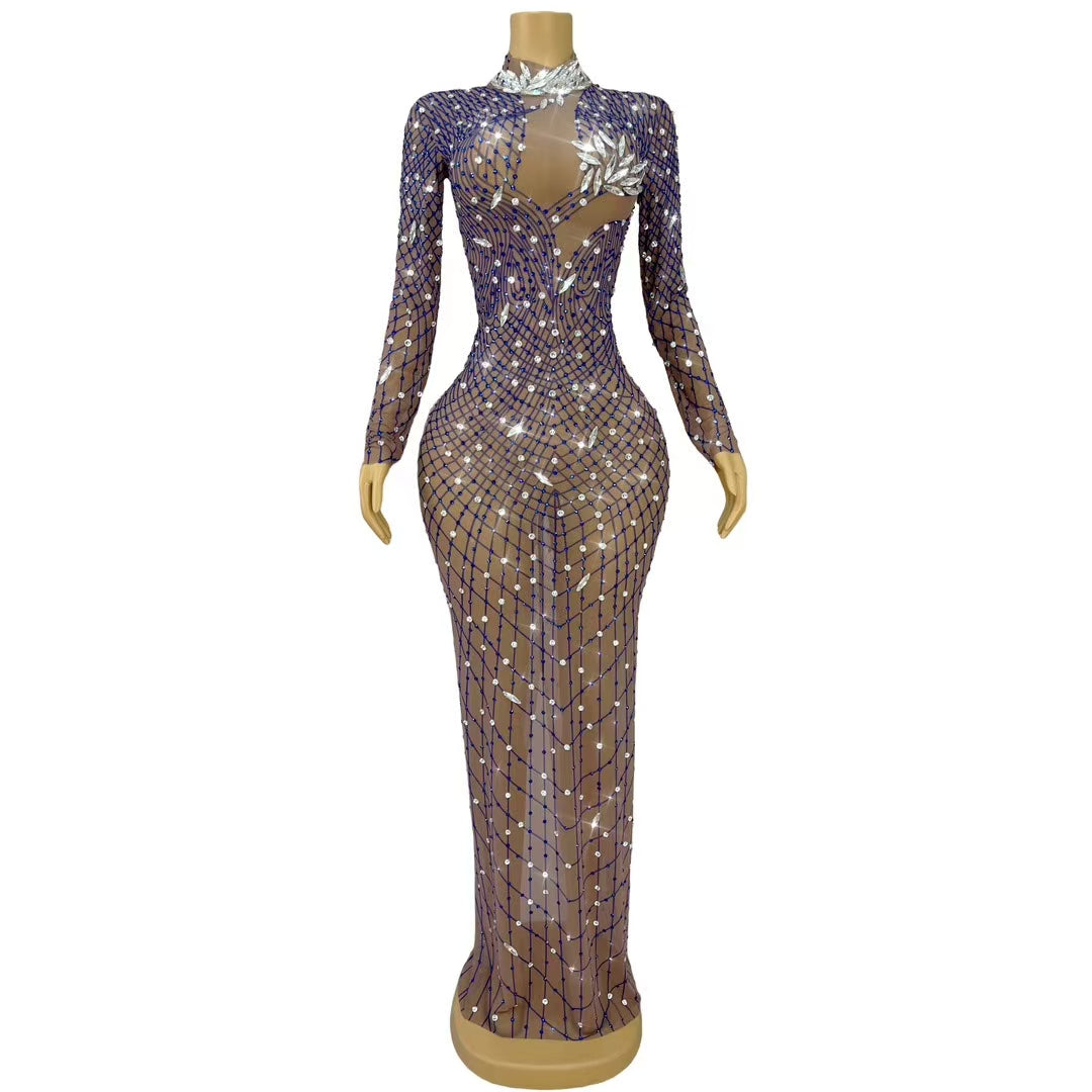 CELESINYI Liuye Crystal Mesh Grid Long Sleeve Gown