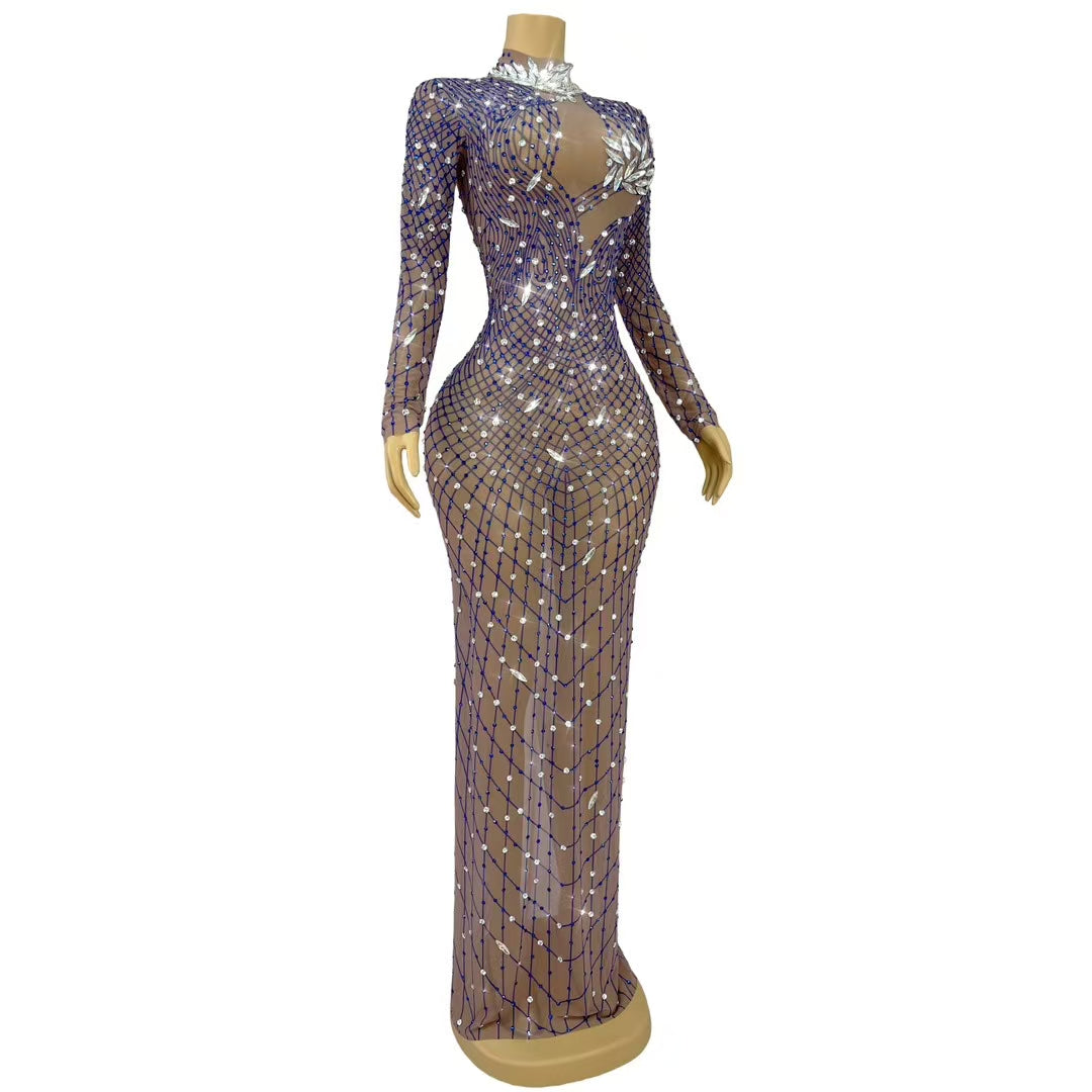 CELESINYI Liuye Crystal Mesh Grid Long Sleeve Gown