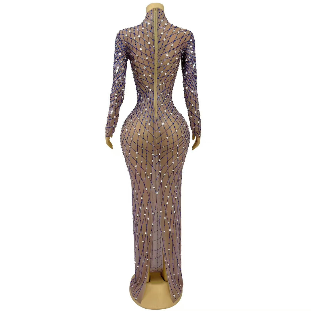 CELESINYI Liuye Crystal Mesh Grid Long Sleeve Gown