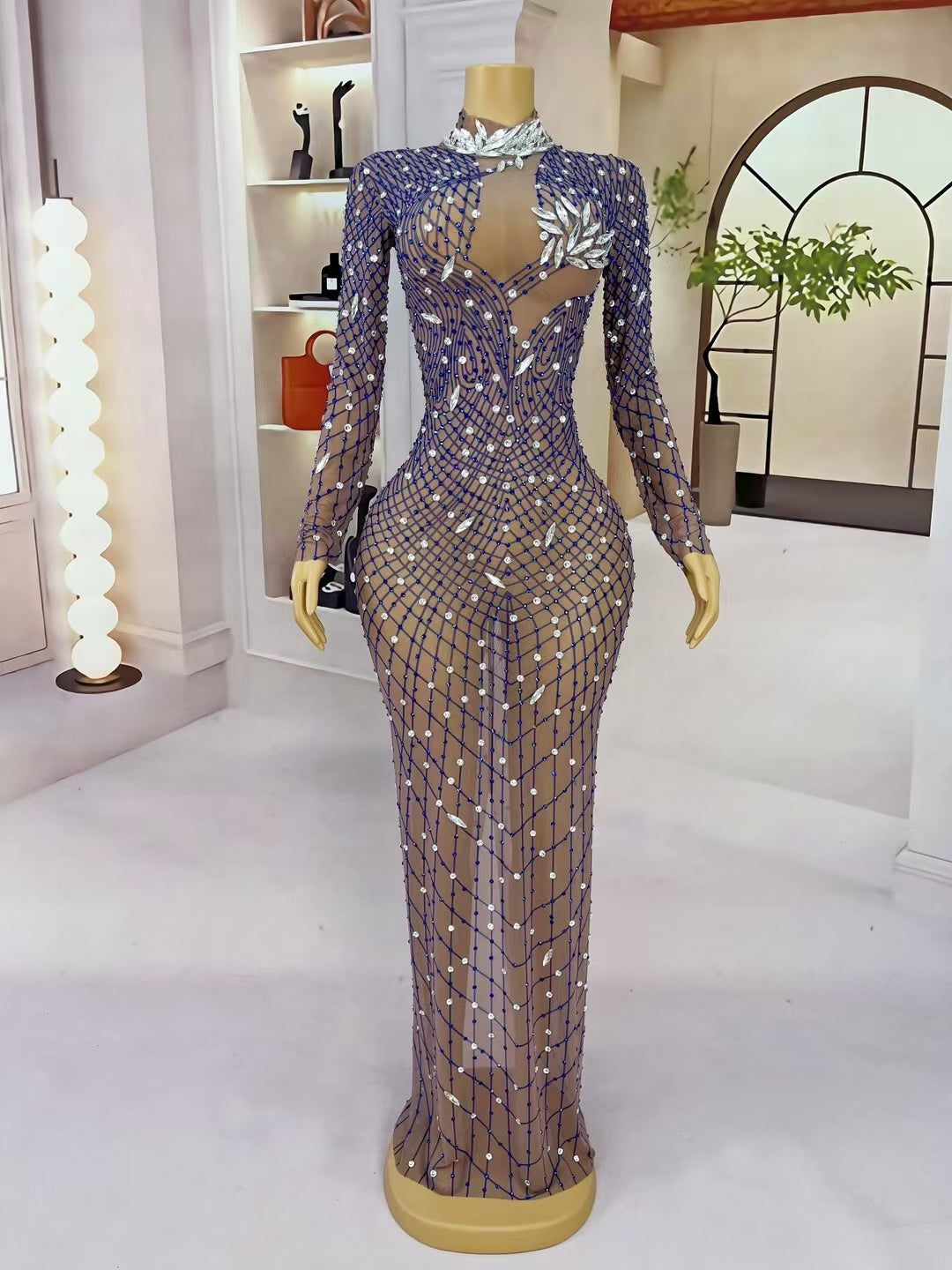 CELESINYI Liuye Crystal Mesh Grid Long Sleeve Gown