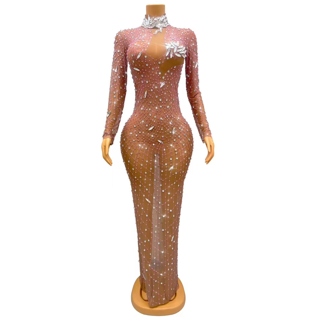 CELESINYI Liuye Crystal Mesh Grid Long Sleeve Gown