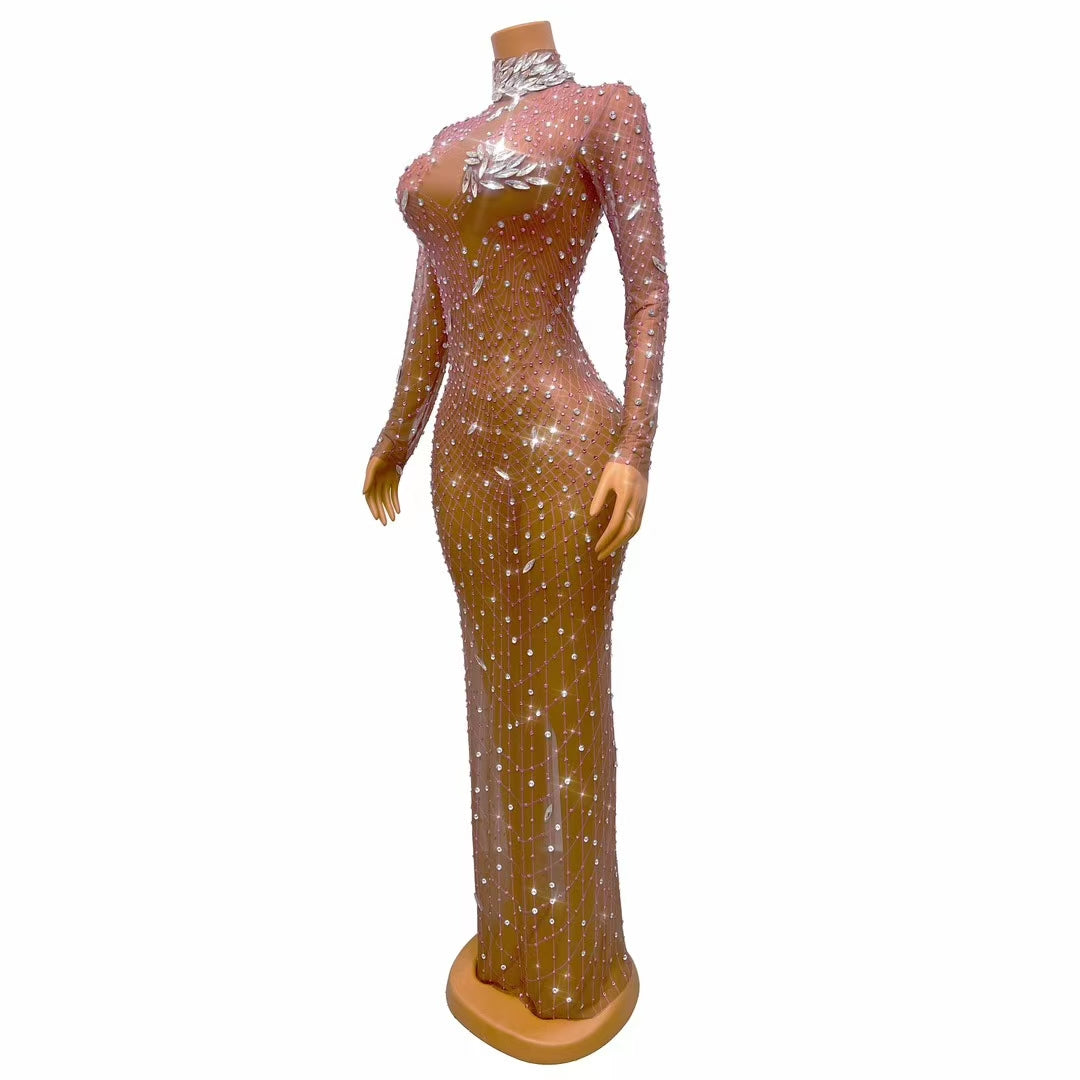 CELESINYI Liuye Crystal Mesh Grid Long Sleeve Gown