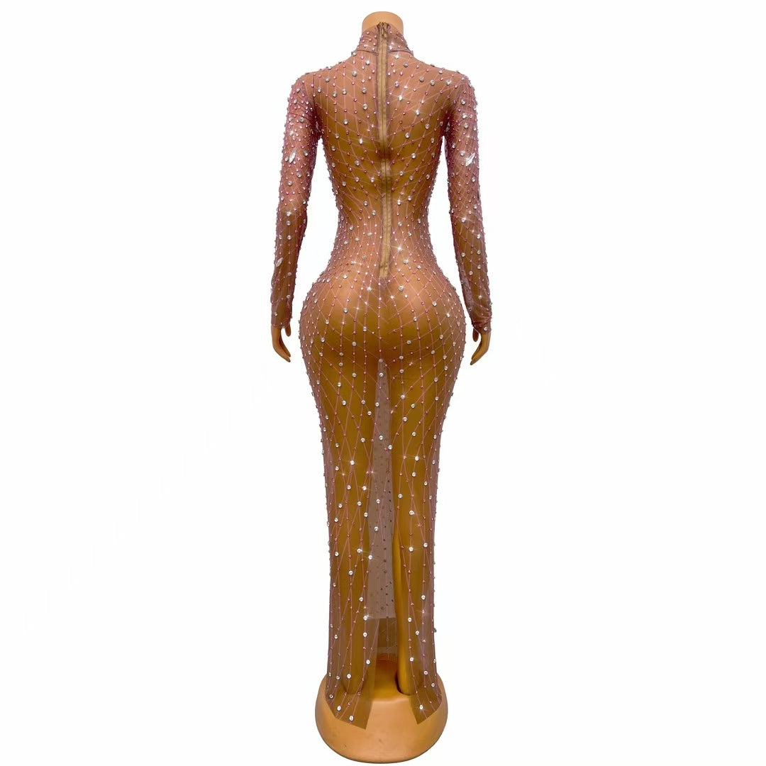 CELESINYI Liuye Crystal Mesh Grid Long Sleeve Gown