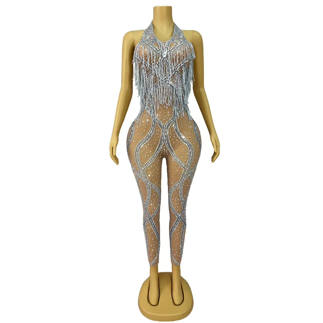 CELESINYI Luosiwen Crystal Radiant Halter Bodysuit