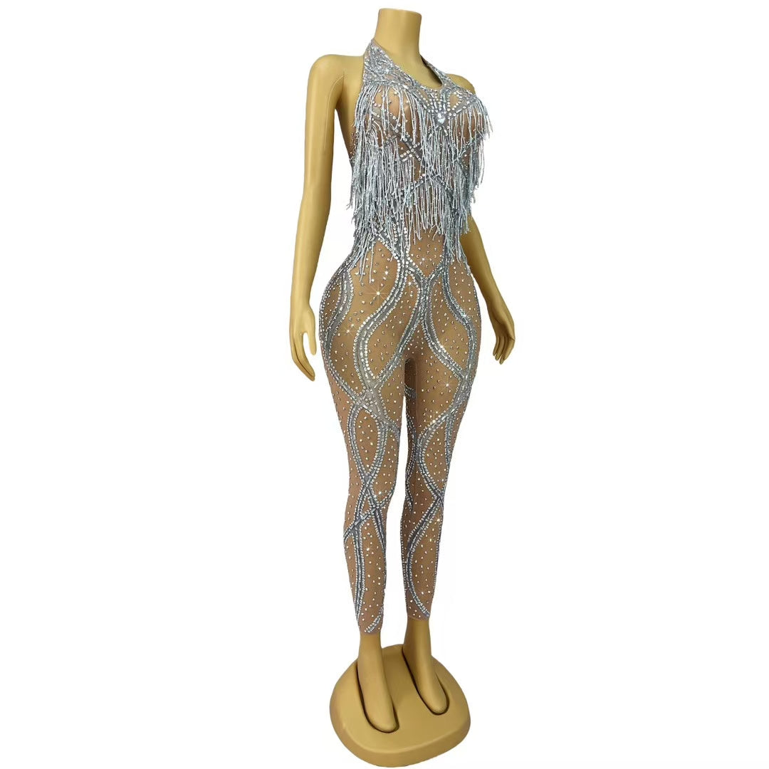 CELESINYI Luosiwen Crystal Radiant Halter Bodysuit