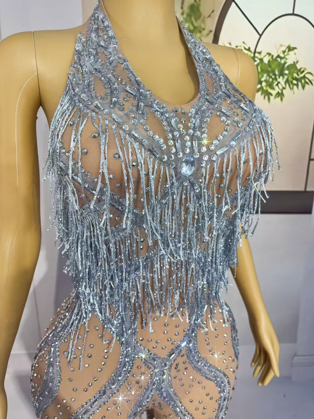 CELESINYI Luosiwen Crystal Radiant Halter Bodysuit
