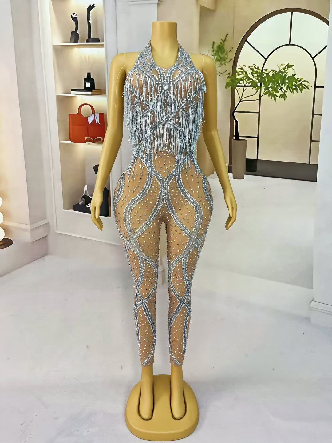 CELESINYI Luosiwen Crystal Radiant Halter Bodysuit