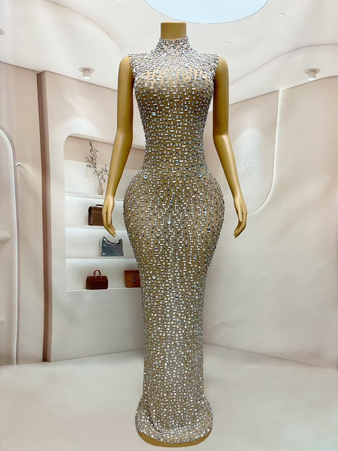 CELESINYI Yinbei Crystal Silver Mermaid Gown
