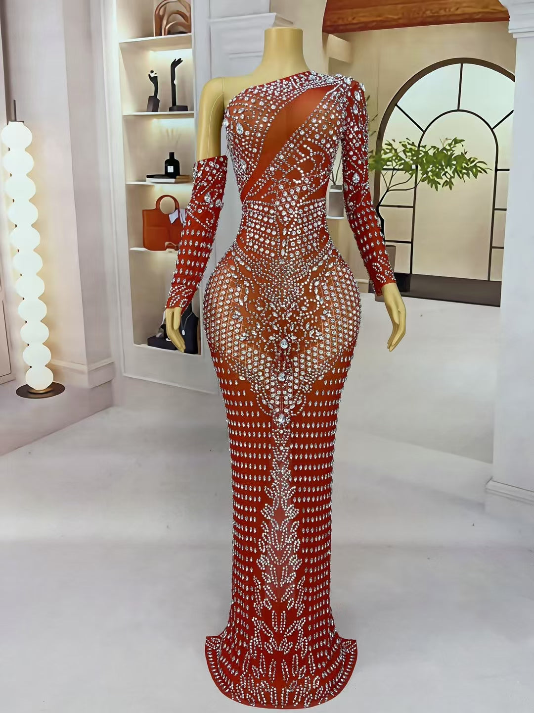 CELESINYI Zuange Crystal One-Shoulder Gown