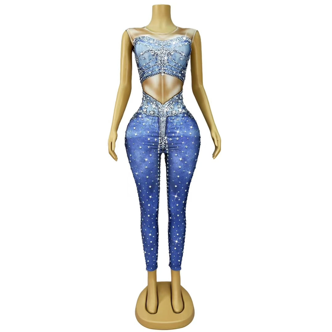 CELESINYI Niuziku Crystal Denim Jumpsuit