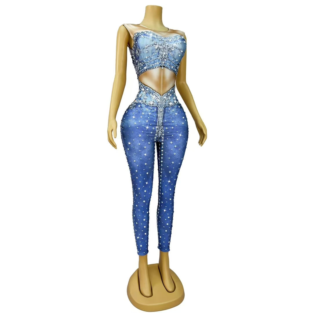 CELESINYI Niuziku Crystal Denim Jumpsuit