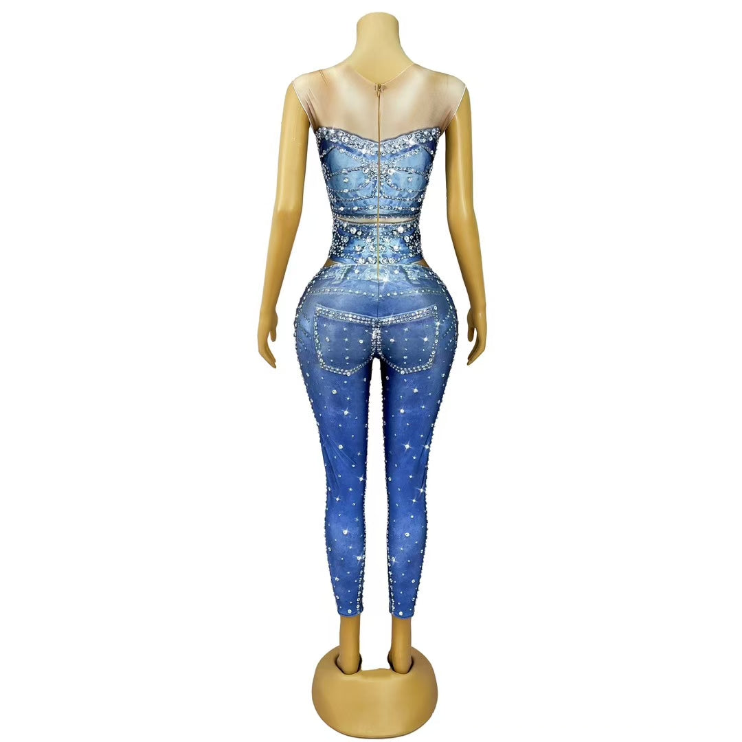 CELESINYI Niuziku Crystal Denim Jumpsuit