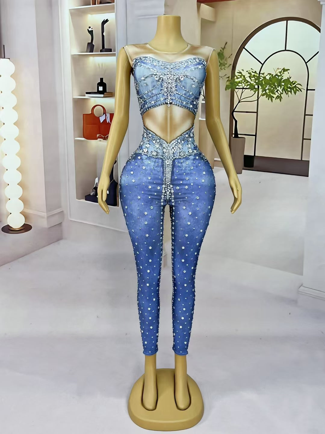 CELESINYI Niuziku Crystal Denim Jumpsuit