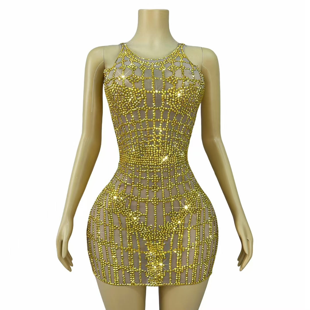 CELESINYI Qipan Crystal Checker Mini Dress