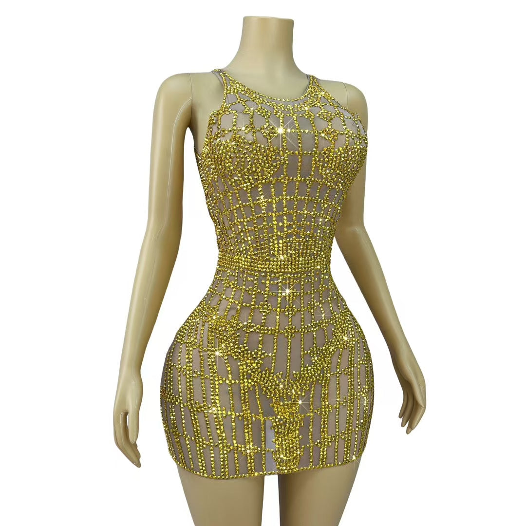 CELESINYI Qipan Crystal Checker Mini Dress