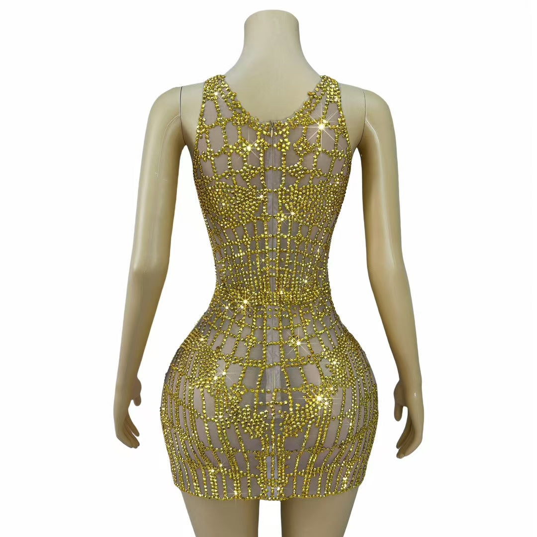 CELESINYI Qipan Crystal Checker Mini Dress