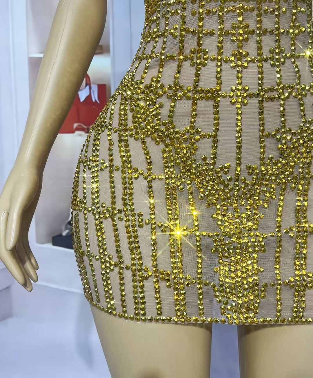 CELESINYI Qipan Crystal Checker Mini Dress