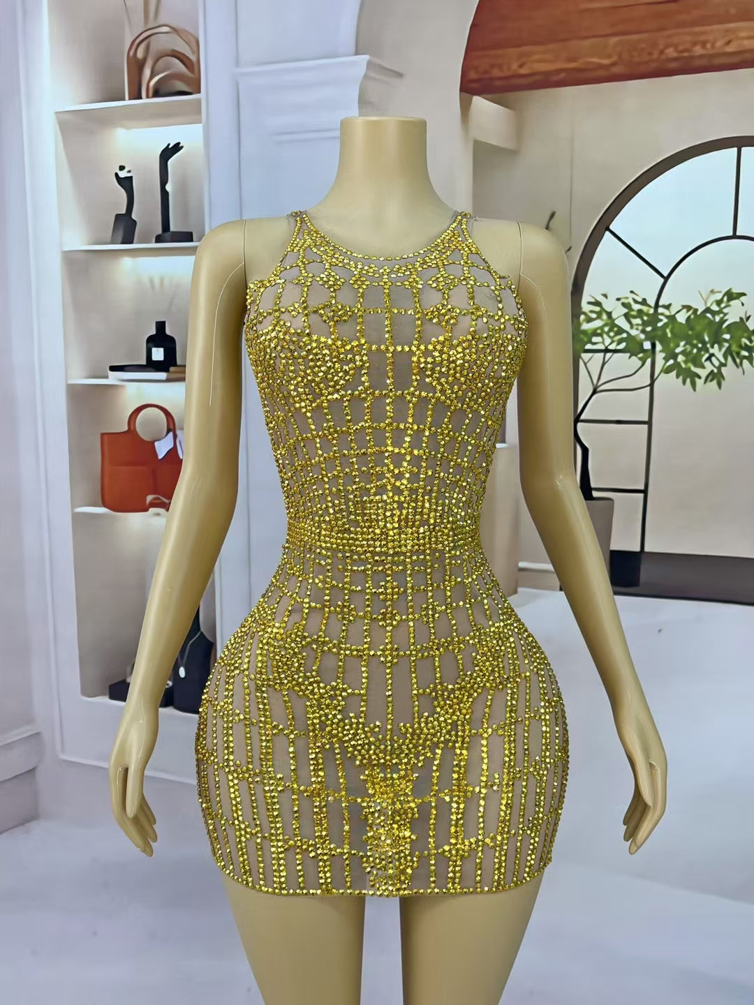 CELESINYI Qipan Crystal Checker Mini Dress