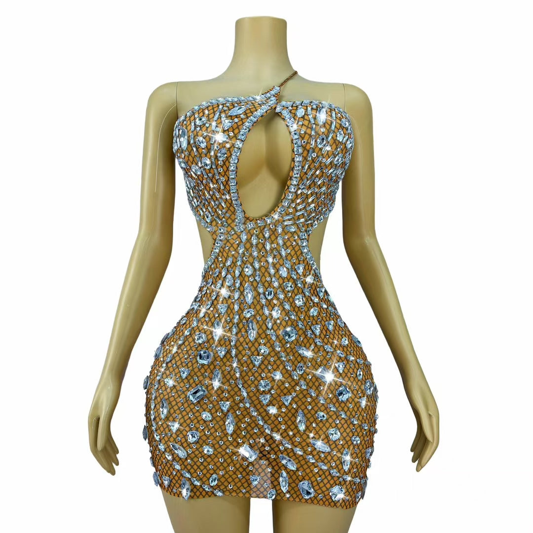 CELESINYI Juanlian Crystal Orange One Shoulder Mini Dress