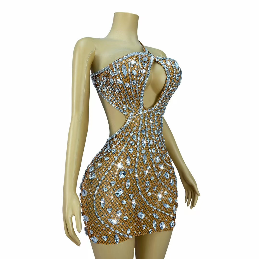 CELESINYI Juanlian Crystal Orange One Shoulder Mini Dress