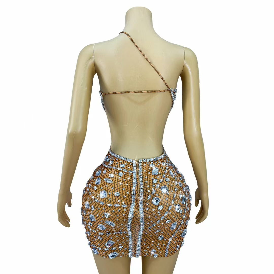 CELESINYI Juanlian Crystal Orange One Shoulder Mini Dress