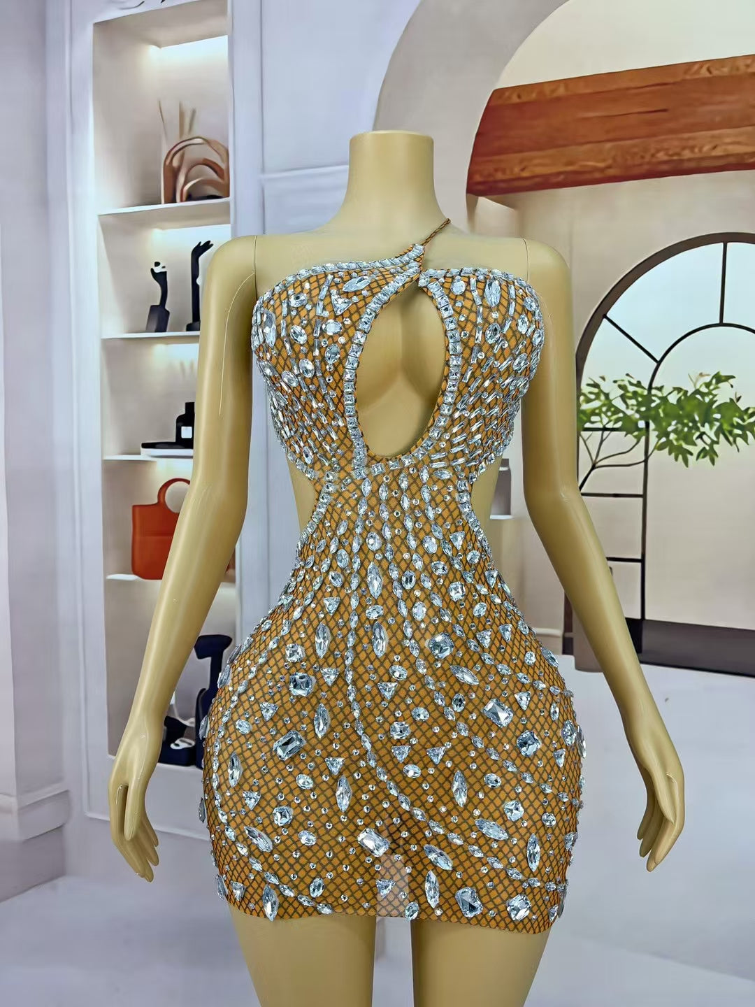 CELESINYI Juanlian Crystal Orange One Shoulder Mini Dress