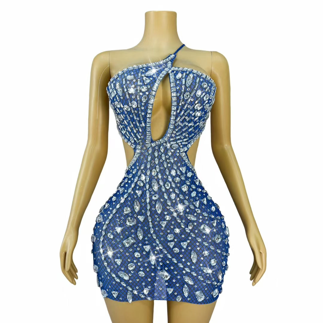 CELESINYI Juanlian Crystal Blue One Shoulder Mini Dress