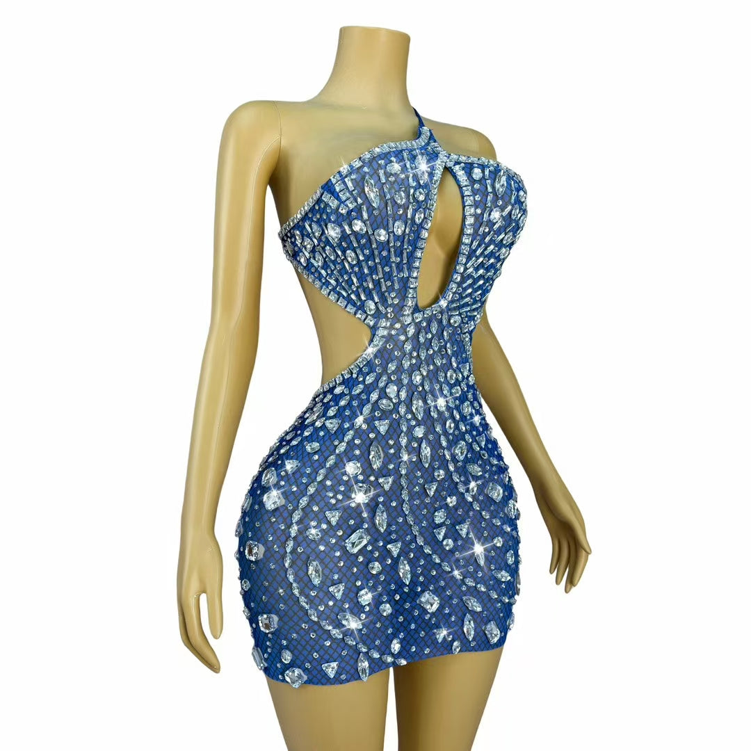 CELESINYI Juanlian Crystal Blue One Shoulder Mini Dress