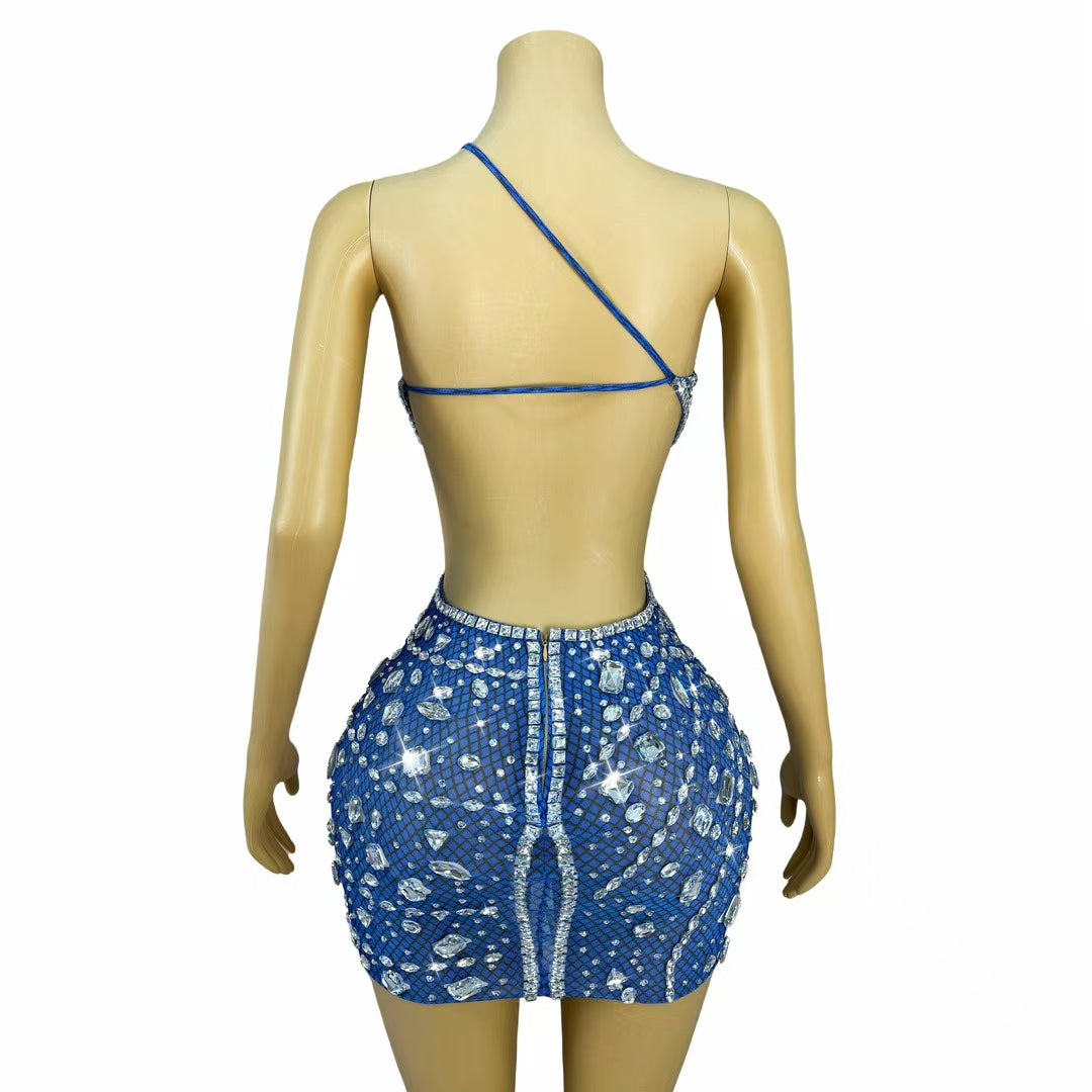 CELESINYI Juanlian Crystal Blue One Shoulder Mini Dress