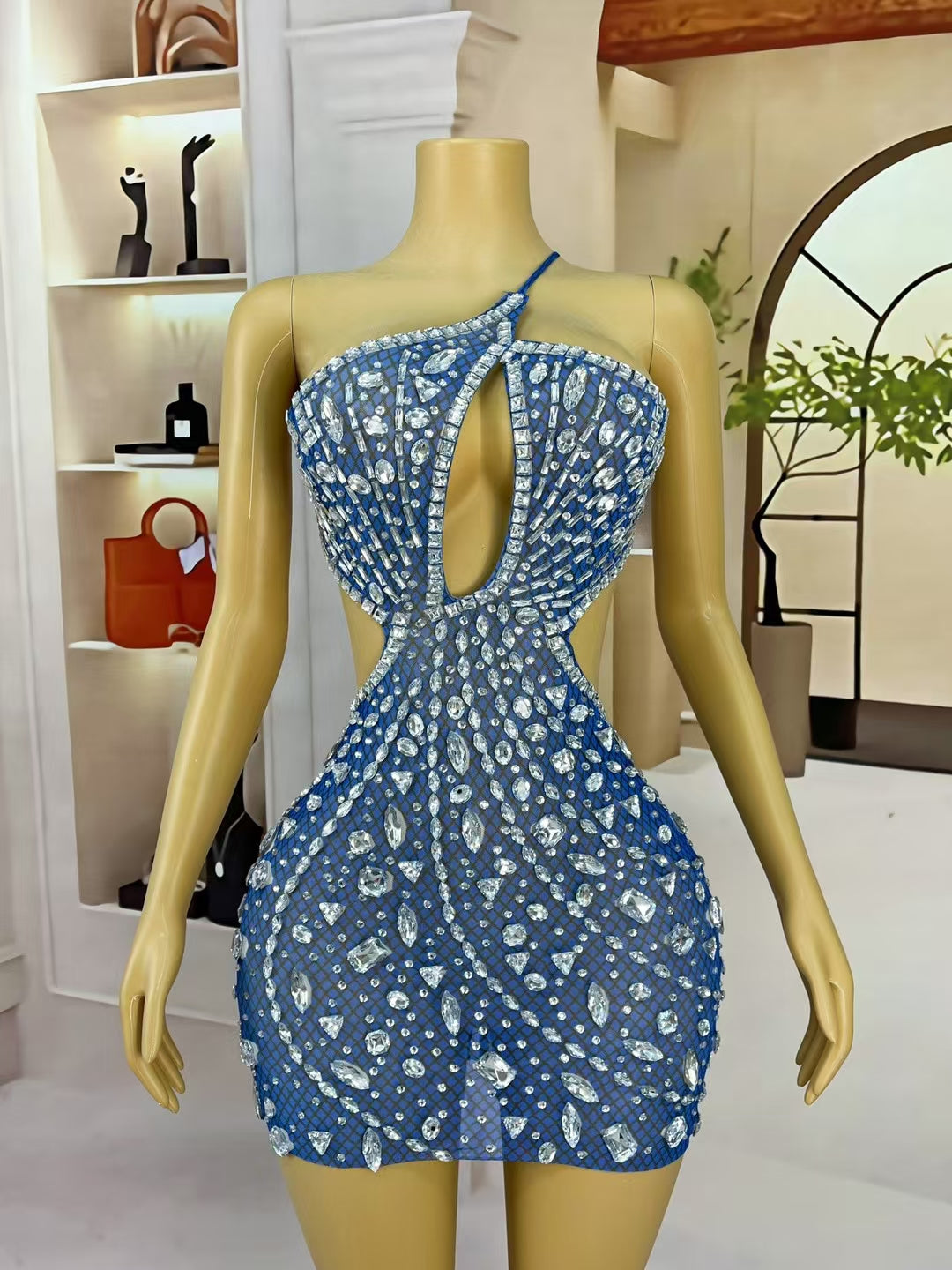CELESINYI Juanlian Crystal Blue One Shoulder Mini Dress