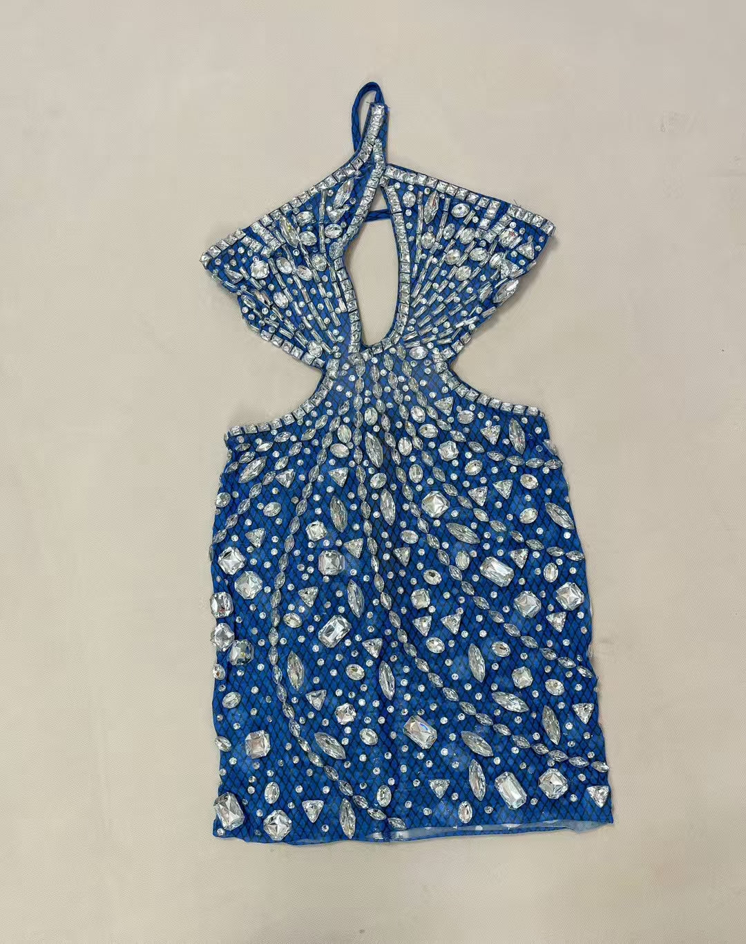 CELESINYI Juanlian Crystal Blue One Shoulder Mini Dress