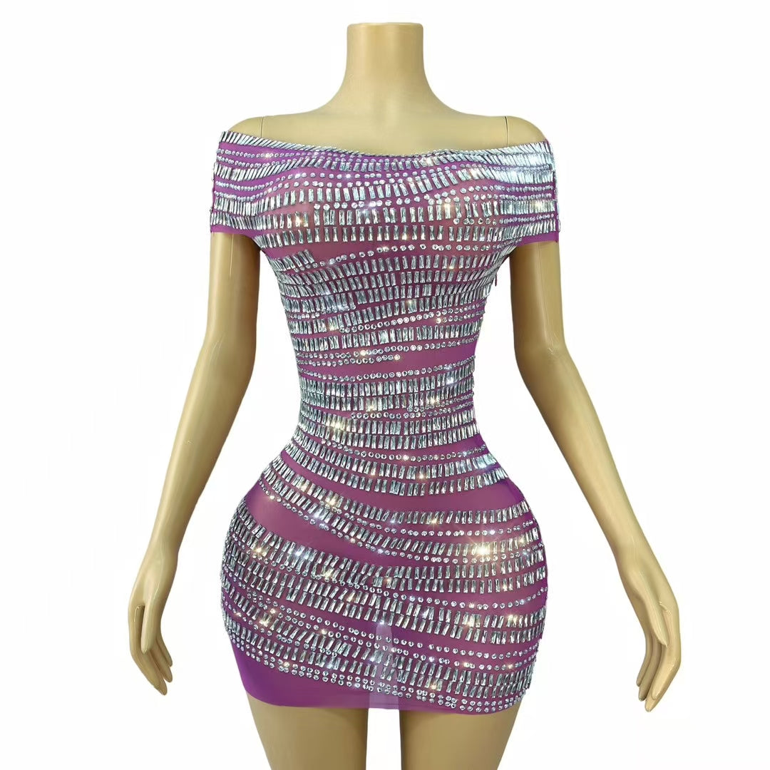 CELESINYI Gangsuo Crystal Rose White Stone Mini Dress