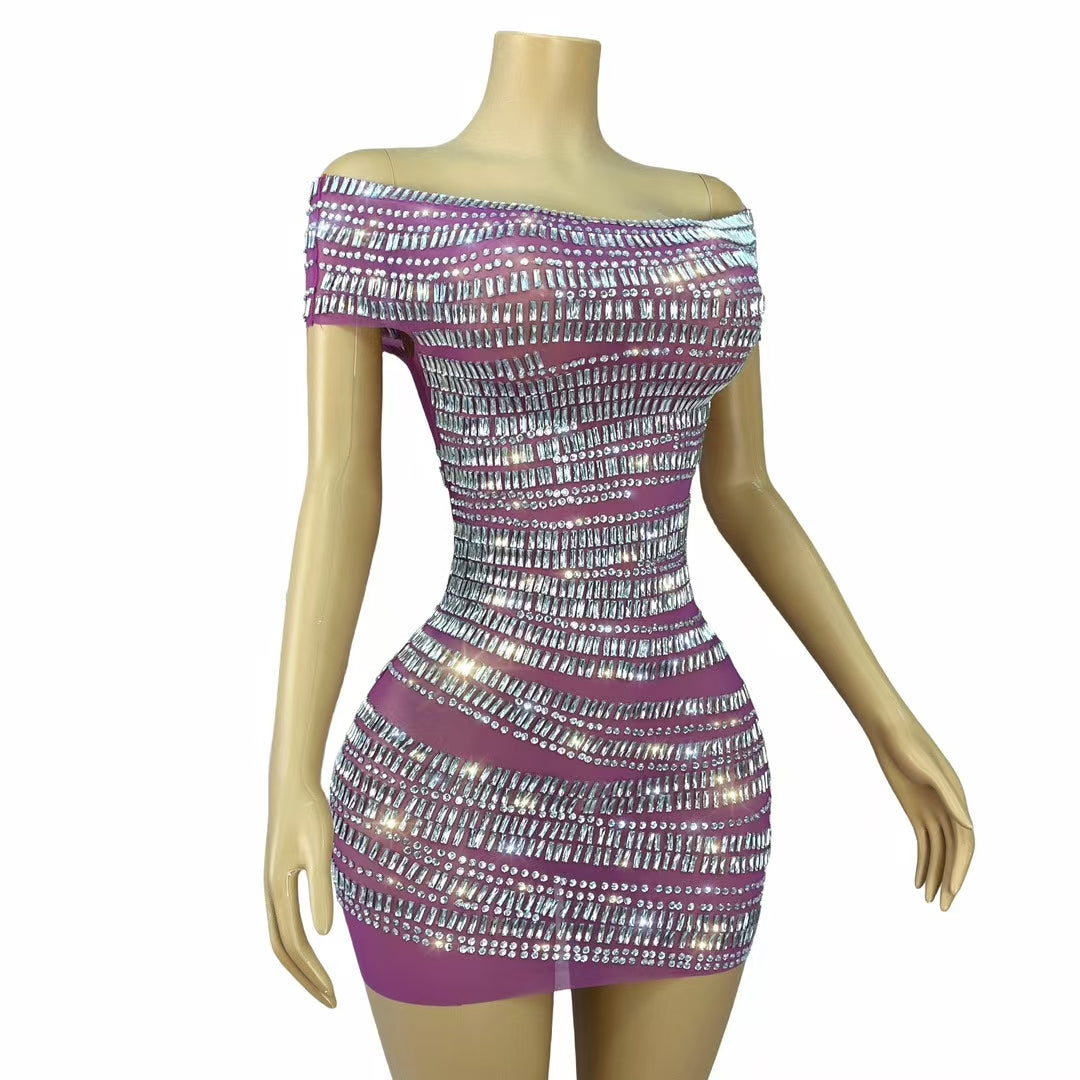 CELESINYI Gangsuo Crystal Rose White Stone Mini Dress
