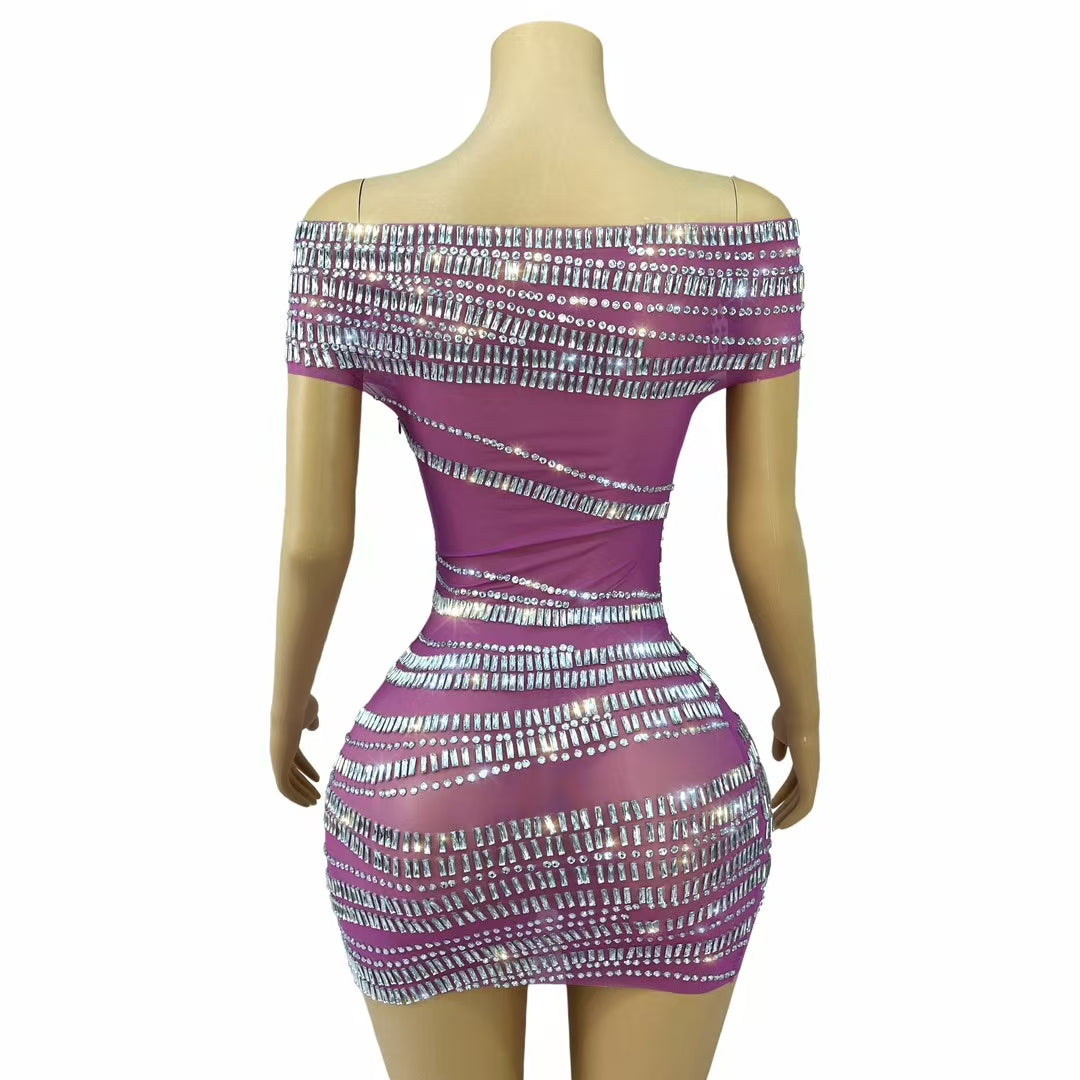 CELESINYI Gangsuo Crystal Rose White Stone Mini Dress