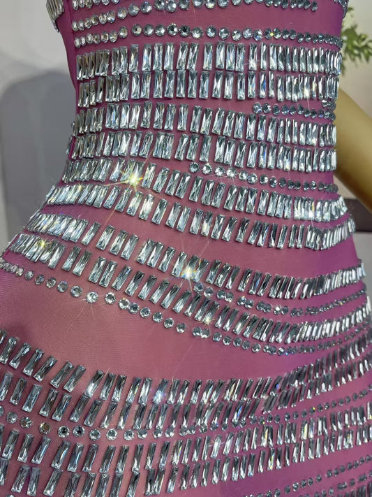 CELESINYI Gangsuo Crystal Rose White Stone Mini Dress