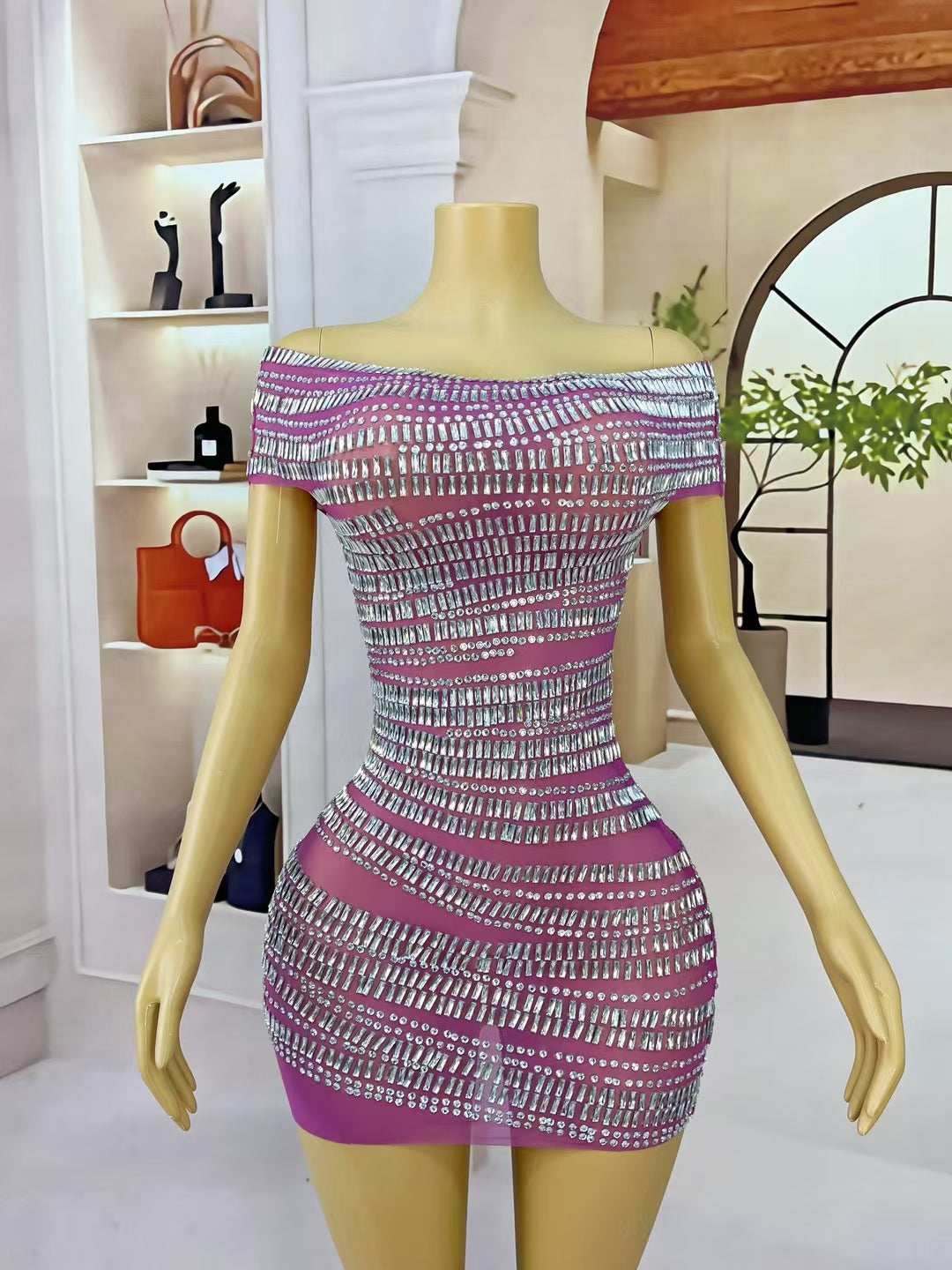 CELESINYI Gangsuo Crystal Rose White Stone Mini Dress