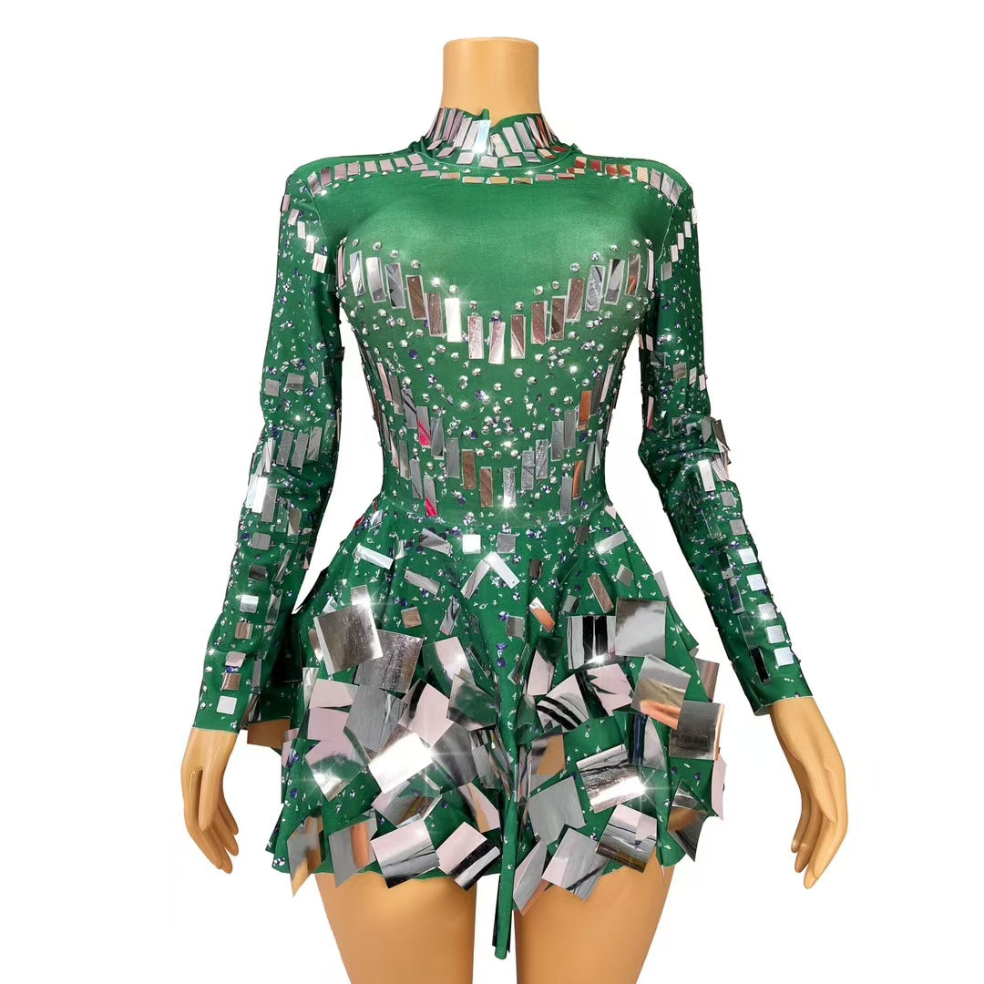 CELESINYI Liangpian Crystal Green Mirror Mini Dress