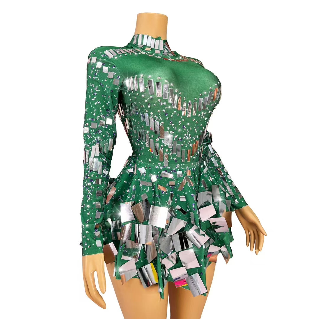 CELESINYI Liangpian Crystal Green Mirror Mini Dress